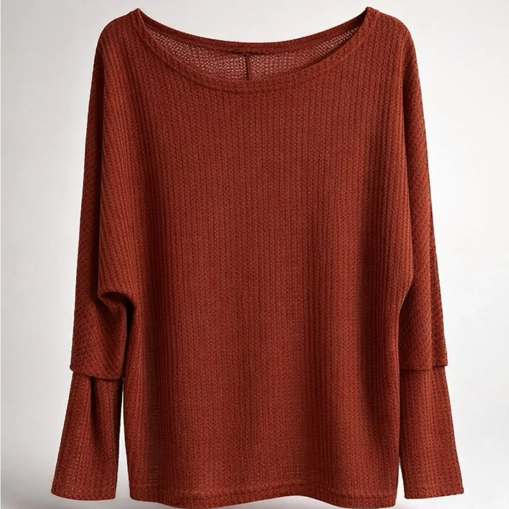 Burgundy Long Sleeve Waffle Knit Women's Top